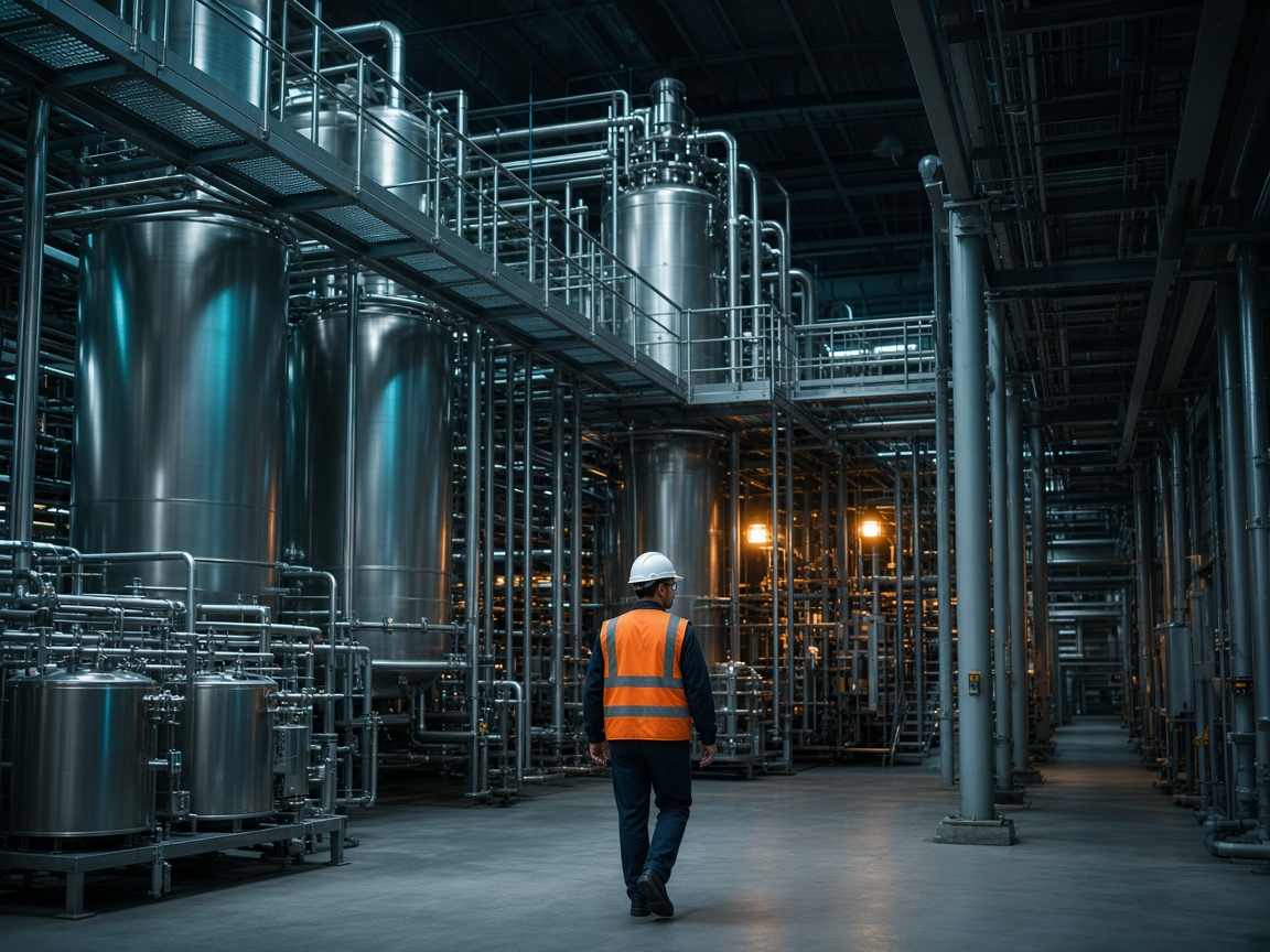Clean chemical manufacturing hall with stainless reactors and process piping