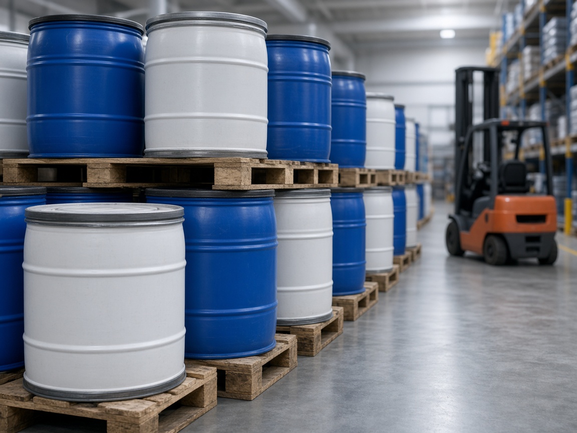 Sealed industrial drums staged for dispatch in a clean warehouse